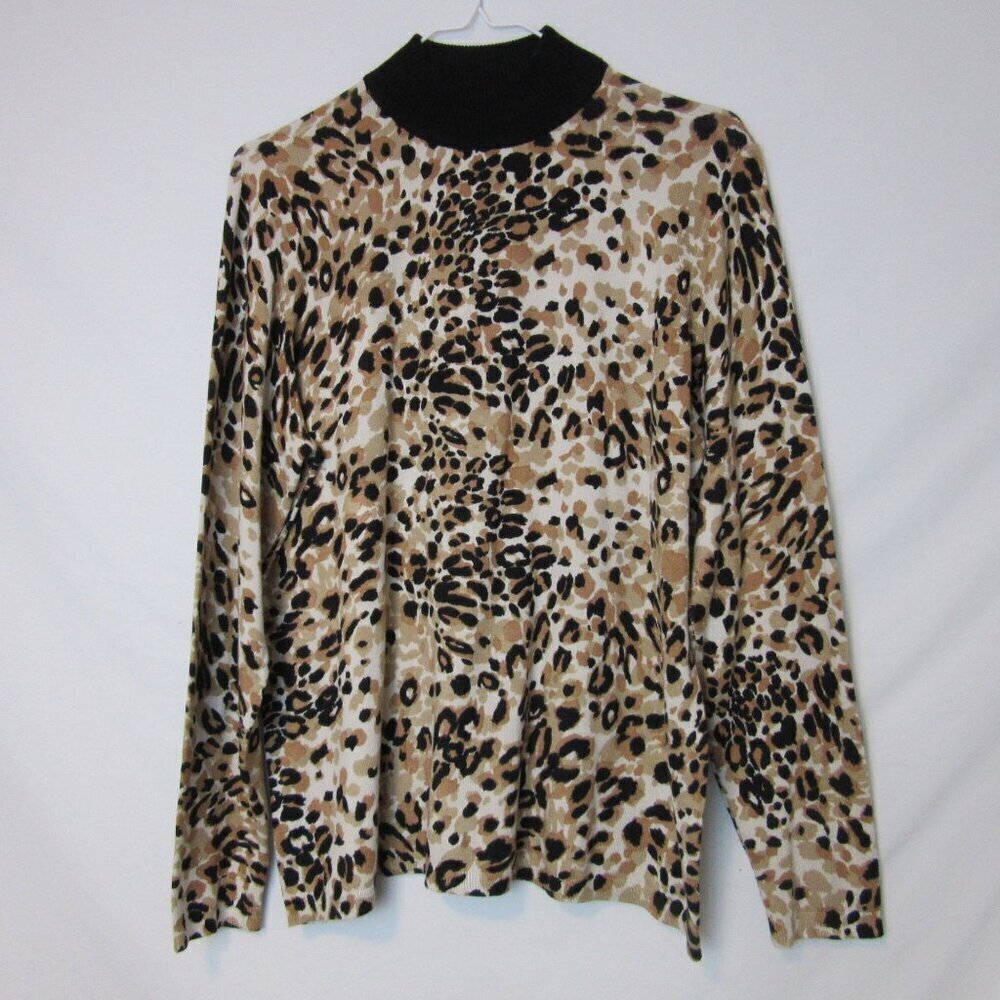 Chico's Blouse Tan Black Cheetah Print Sweater Mock Neck Women's Large Chico's 2